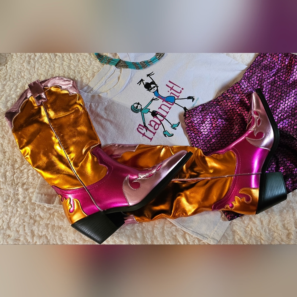 Vibrant Pink and Gold Heeled Boots